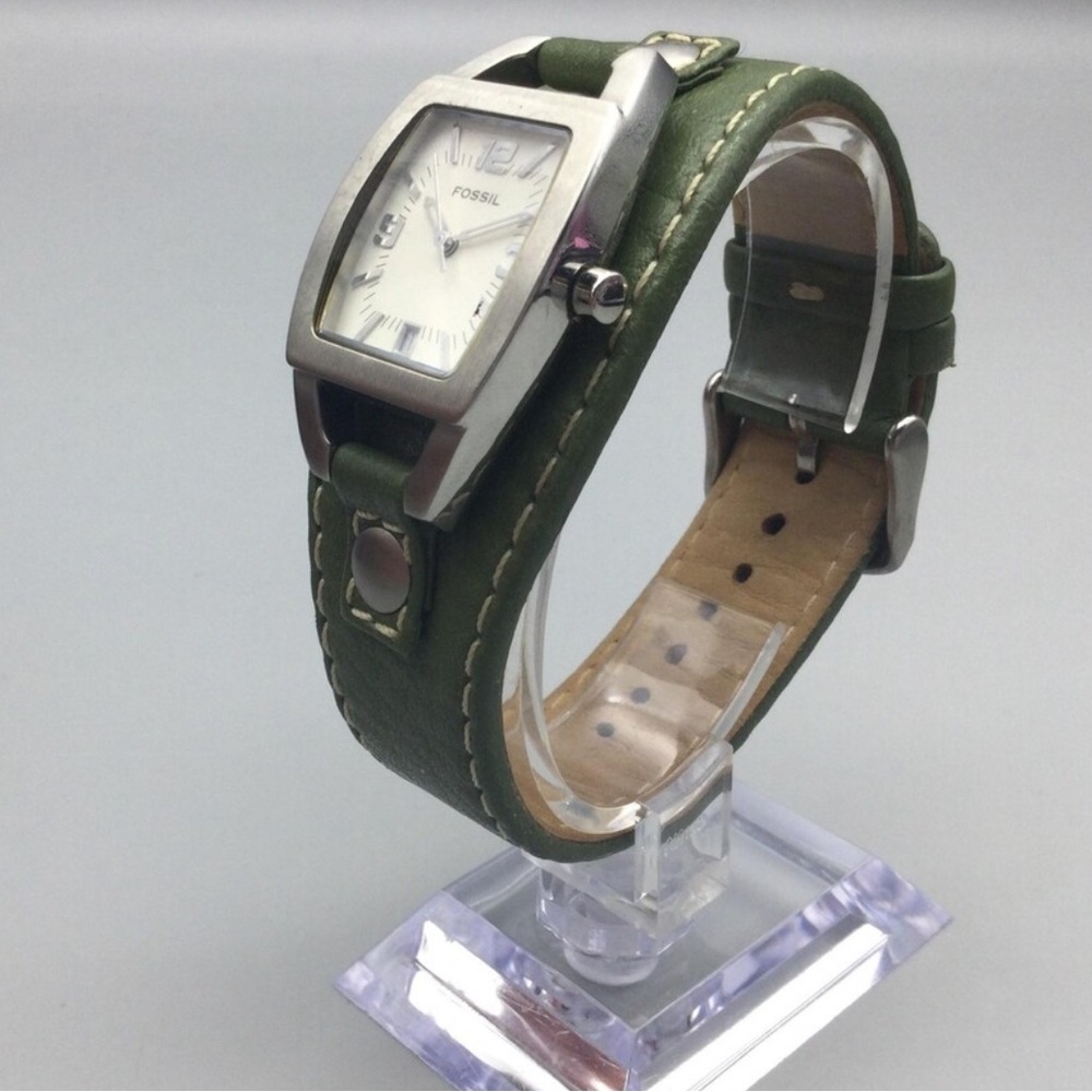 Fossil Watch 25mm Olive Green Leather Cuff Stainless Battery needed